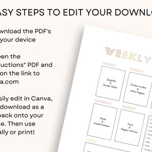 May include: A printable weekly dinner planner with the text "WEEKLY DINNER" in a colorful font. The planner includes sections for each day of the week and a list of breakfast ideas. Instructions for editing the download are also included.