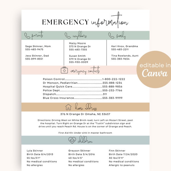 Emergency Information Sheet | Editable Emergency Contact Info Template on Canva | Babysitting Printable Babysitter Notes Nanny Fridge