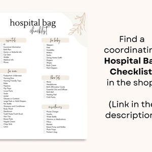 May include: A printable checklist for a hospital bag with sections for essentials, for mom, for baby, labor tools, and miscellaneous items. The checklist includes items such as insurance information, postpartum underwear, sleepers, headphones, and a phone charger.