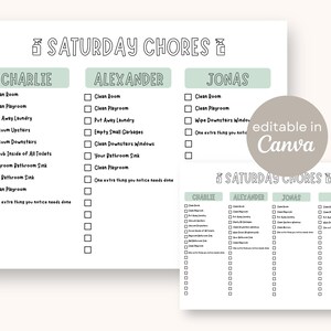 Saturday Chore Chart for Kids Weekly | Editable Printable Template in Canva | 3 Kid and 4 Kid Weekend Cleaning Checklist Responsibilities