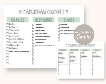 Saturday Chore Chart for Kids Weekly | Editable Printable Template in Canva | 3 Kid and 4 Kid Weekend Cleaning Checklist Responsibilities