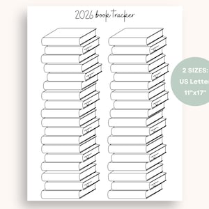 Könnte beinhalten: Ein schwarz-weißer Buch-Tracker für 2026, mit zwei Spalten gestapelter Bücher. Der Text "2026 book tracker" steht oben. Ein grüner Kreis zeigt zwei Größen an: US Letter und 27,94 cm x 43,18 cm.