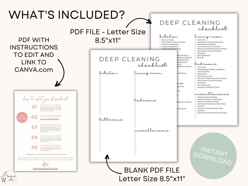 K&ouml;nnte beinhalten: Ein druckbarer PDF-Deep-Cleaning-Checkliste f&uuml;r K&uuml;che, Wohnzimmer, Schlafzimmer, Badezimmer und verschiedene Bereiche. Die Checkliste ist in einem einfachen, leicht lesbaren Stil mit Kontrollk&auml;stchen f&uuml;r jede Aufgabe formatiert. Das PDF steht zum sofortigen Download bereit und hat das Format Letter, 8,5 Zoll mal 11 Zoll.