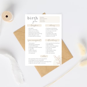 May include: A beige printable birth plan checklist with a floral design. The checklist includes sections for the atmosphere, movement, delivery, after delivery, and notes.