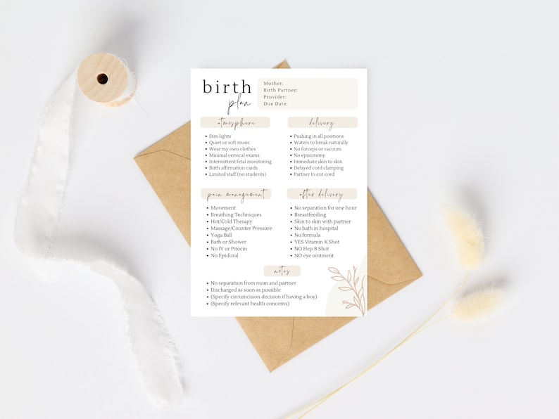May include: A beige printable birth plan checklist with a floral design. The checklist includes sections for the atmosphere, movement, delivery, after delivery, and notes.