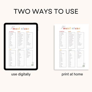 May include: Printable meal planner with the text "toddler meal ideas" in colourful text. The planner is divided into sections for breakfast, lunch, snacks, fruit, vegetables, and protein. The image shows two ways to use the planner: digitally on a tablet or printed at home.