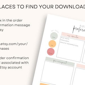 May include: A printable birth preferences checklist with sections for "My Team", "My Information", "Pain Management", "Delivery", and "Atmosphere".