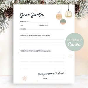 Querido Papá Noel Carta Lista de deseos navideños Editable Imprimible / Carta para niños a Papá Noel para enviar por correo Lista agradable Plantilla Canva PDF Tamaño carta EE. UU.