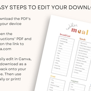 May include: A printable meal planner for toddlers with a colourful title "toddler meal idea". The planner is divided into four sections: breakfast, lunch, snacks, and fruit, veggies, protein. Each section lists a variety of food options.