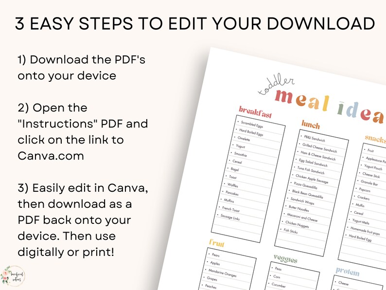 May include: A printable meal planner for toddlers with a colourful title "toddler meal idea". The planner is divided into four sections: breakfast, lunch, snacks, and fruit, veggies, protein. Each section lists a variety of food options.