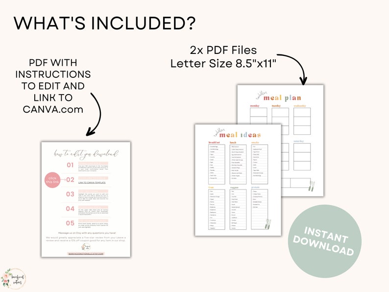 May include: Two printable PDF files for meal planning. The first page is a meal ideas list with sections for breakfast, lunch, and dinner. The second page is a weekly meal planner with columns for each day of the week. Both pages are 8.5 inches by 11 inches and are designed to be edited in Canva.
