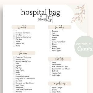 Lista di controllo delle borse dell'ospedale stampabile/modificabile Modello minimalista per lista delle valigie di nascita modificabile su Canva Lista delle valigie dell'ospedale stampabile Boho Baby