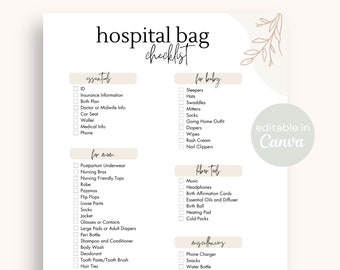 Hospital Bag Checklist Printable | Editable Minimalist Birth Packing List Template Editable on Canva Printable Hospital Bag List Boho Baby