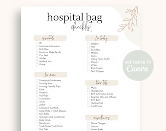 Hospital Bag Checklist Printable Editable Minimalist Birth
