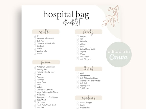 Hospital Bag Checklist Printable | Editable Minimalist Birth Packing List Template Editable on Canva Printable Hospital Bag List Boho Baby