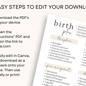 May include: A printable birth plan template with sections for atmosphere, pain management, delivery, and after delivery. The template includes a list of options for each section, such as dim lights, quiet music, movement, breathing techniques, pushing in all positions, and skin to skin.