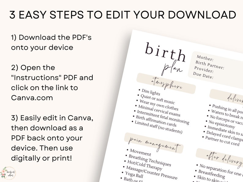 May include: A printable birth plan template with sections for atmosphere, pain management, delivery, and after delivery. The template includes a list of options for each section, such as dim lights, quiet music, movement, breathing techniques, pushing in all positions, and skin to skin.