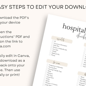 May include: A printable hospital bag checklist with sections for essentials, for mom, for baby, and labor tools. The checklist includes items such as ID, insurance information, birth plan, postpartum underwear, nursing bras, sleepers, hats, swaddles, music, headphones, and birth affirmation cards.
