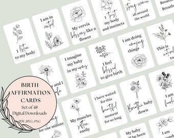 48 Printable Birth Affirmation Cards | Hypnobirthing Affirmations for Pregnancy and Birth | Floral Outline Birthing Quotes | PDF, JPEG, PNG