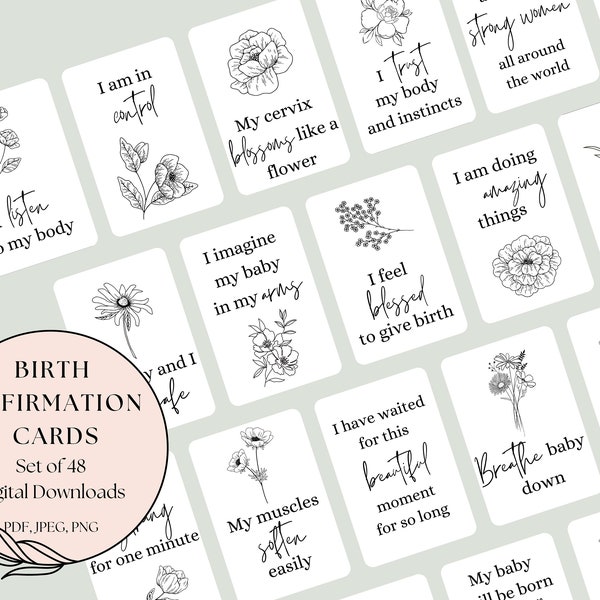 48 Printable Birth Affirmation Cards | Hypnobirthing Affirmations for Pregnancy and Birth | Floral Outline Birthing Quotes | PDF, JPEG, PNG