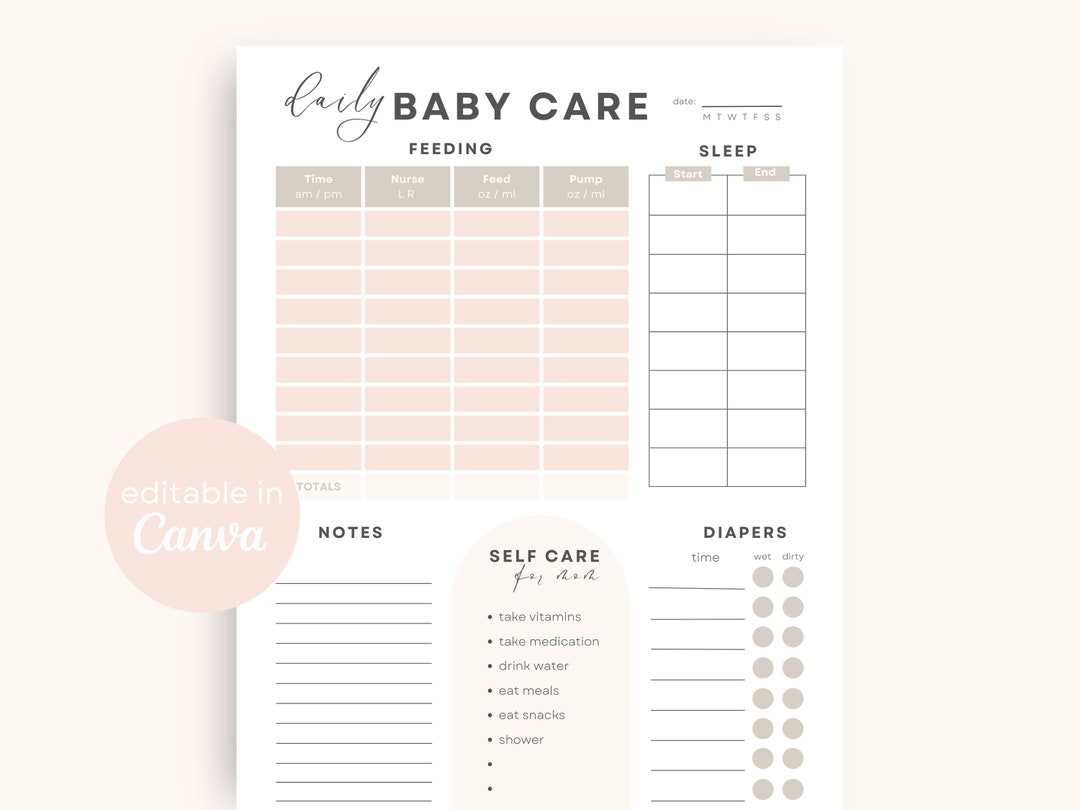 Daily Baby Tracker Printable | Blush Editable Baby Log Book Newborn Log ...