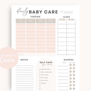 Daily Baby Tracker Printable EDITABLE | Blush Baby Log Book Newborn Log Infant Daily Log Baby Care Feeding Log Breastfeeding Feed Tracking