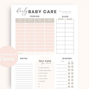 Daily Baby Tracker Printable Blush Editable Baby Log Book Newborn Log Infant Daily Log Baby Care Feeding Log Breastfeeding Feed Tracking image 1