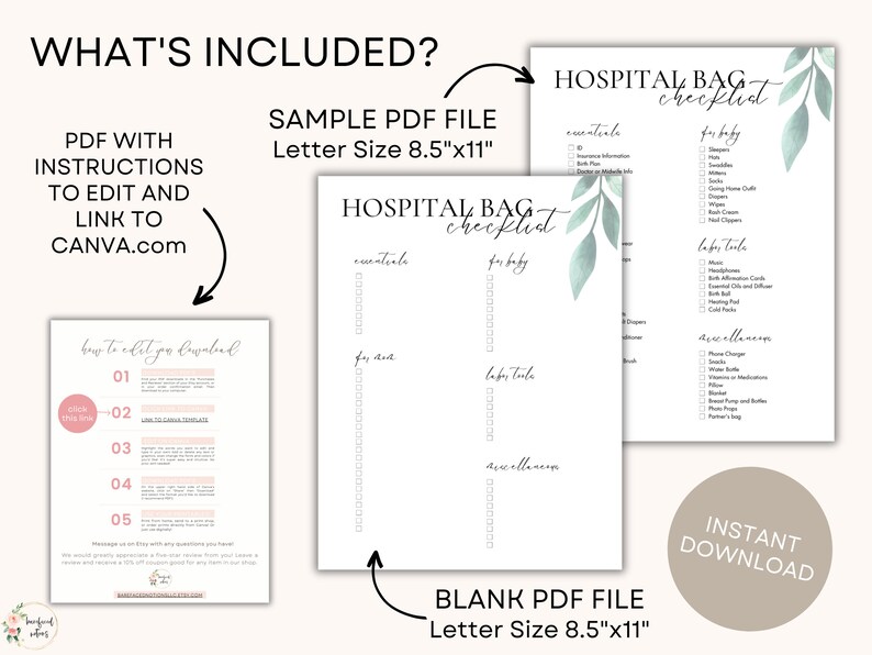 Checklista för sjukhusväska | Digital nedladdning, redigerbar mall på Canva, packlista för förlossning, utskrivbar lista för sjukhusväskor, minimalistisk förlossningsplan bild 2