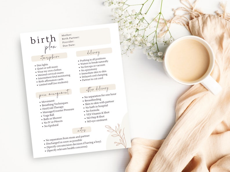 May include: A printable birth plan checklist with sections for atmosphere, pain management, delivery, after delivery, and notes. The checklist includes items such as dim lights, quiet music, breathing techniques, skin to skin contact, and delayed cord clamping.