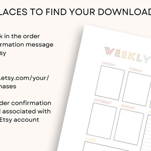 May include: A white printable weekly dinner planner with a colorful header that reads "WEEKLY DIN." The planner has boxes for each day of the week and a section for breakfast ideas. The image also includes instructions on how to find your downloads.