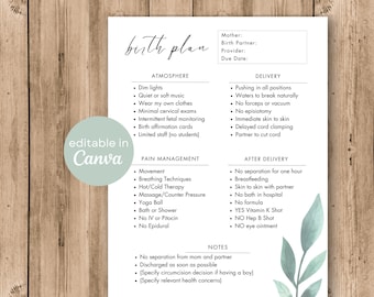 Birth Plan Template  | Editable Birth Preferences on Canva Printable Birth Plan Minimalist Leaf Birthing Preferences Checklist Natural Birth