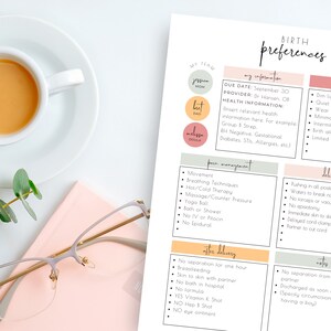 May include: A printable birth preferences checklist with sections for My Team, My Information, Pain Management, Delivery, After Delivery, and Notes. The checklist includes options for pain management, delivery preferences, and postpartum care.