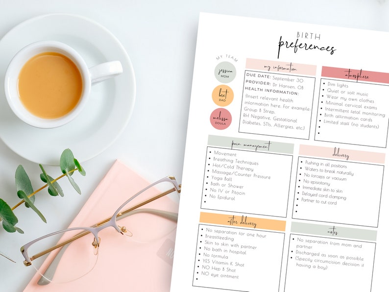 May include: A printable birth preferences checklist with sections for My Team, My Information, Pain Management, Delivery, After Delivery, and Notes. The checklist includes options for pain management, delivery preferences, and postpartum care.