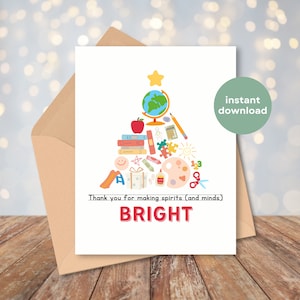 Druckvorlage Lehrer Weihnachtskarte Grundschule Lehrer Geschenk | Sofortiger Download 5 "x 7" Lehrer Wertschätzung Danke Spirits Minds Bright