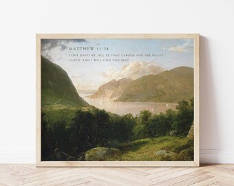 Wall Art Come Unto Me Give You Rest Matthew 11:28 Printable | Bible Verse Art Christian Inspirational Oil Vintage Antique Painting Landscape