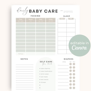 Daily Baby Tracker Printable | Sage Editable Baby Log Book Newborn Log Infant Daily Log Baby Care Feeding Log Sleep Log Feed Tracking