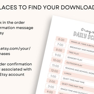 May include: A printable daily schedule for a child, featuring a soft pink and white color scheme. The schedule is titled "Grayson's Daily Schedule" and includes time slots and activities. The image also provides instructions on how to find downloads.
