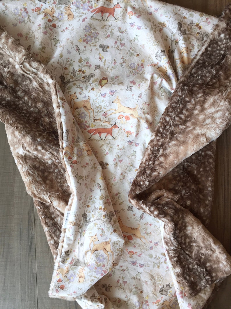 Woodland Blanket Minky Blanket Fawn Blanket Woodland Nursery Blanket Neutral Cotton Fawn Minky Baby Blanket 34x40 Woodland Animals