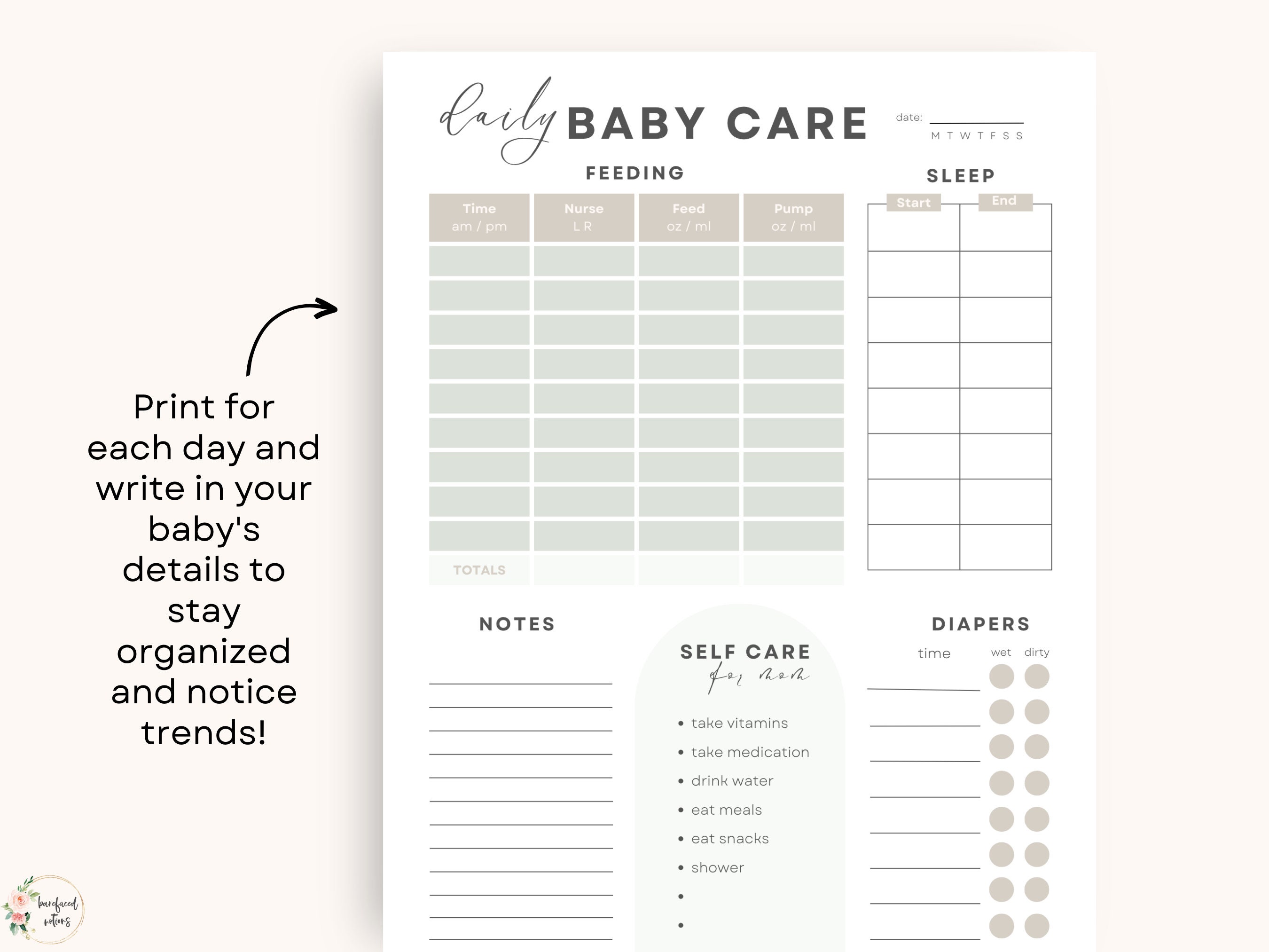 Daily Baby Tracker Printable | Sage Editable Baby Log Book Newborn Log ...