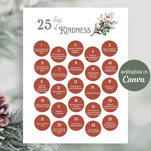 Kerst 25 Days of Kindness bewerkbare afdrukbare | Kinderactiviteit December Adventskalender Kerst Aftellen Handelingen van goedheid Goede daden