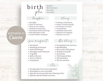 Birth Plan Template Editable Birth Preferences Printable - Etsy