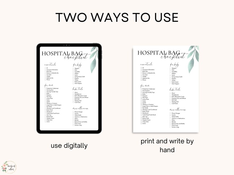 Checklista för sjukhusväska | Digital nedladdning, redigerbar mall på Canva, packlista för förlossning, utskrivbar lista för sjukhusväskor, minimalistisk förlossningsplan bild 5