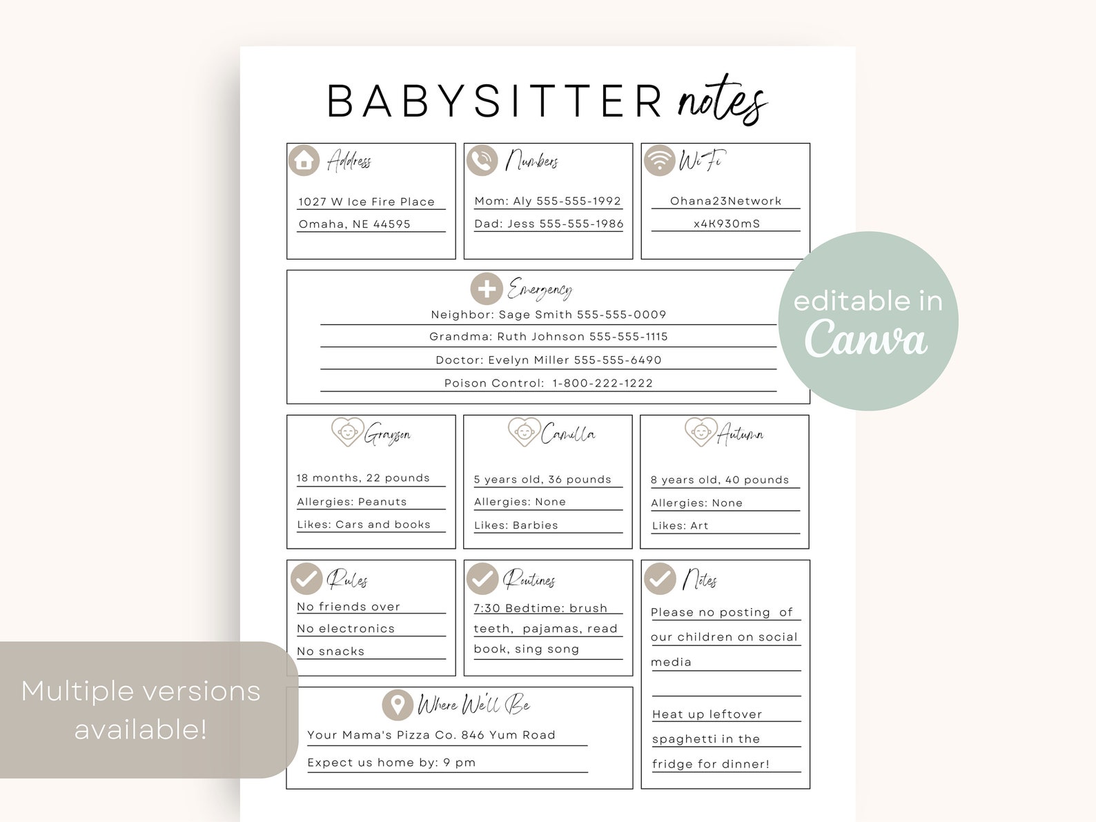 Babysitter Information Sheet | Editable Template on Canva | Babysitting ...