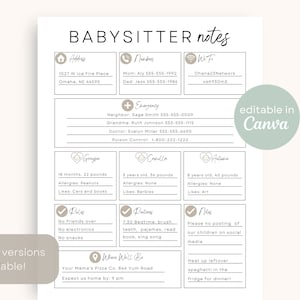 Babysitter Information Sheet | Editable Template on Canva | Babysitting Printable | Babysitter Notes Important Emergency Contact Info Sheet