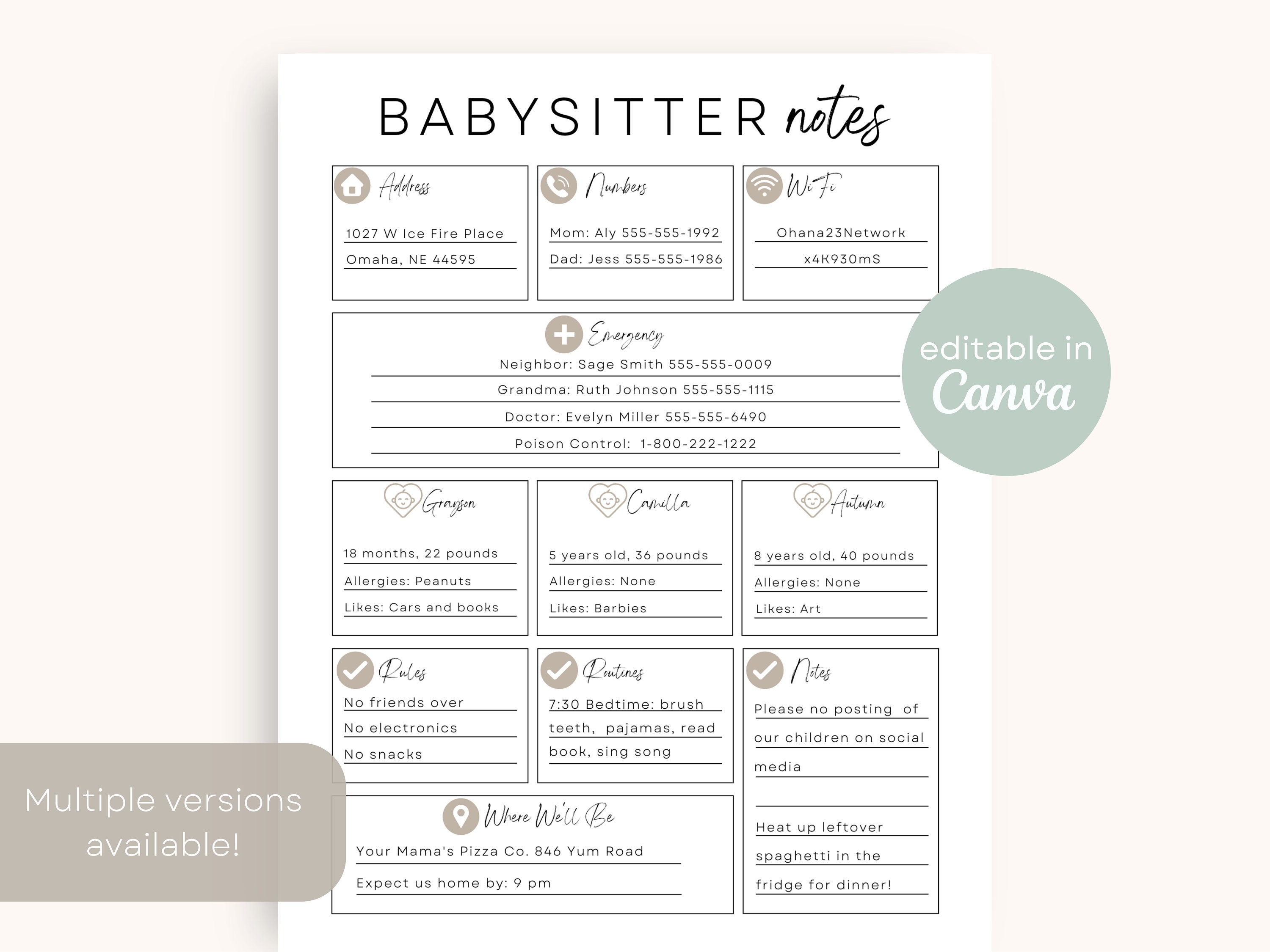 Babysitter Information Sheet | Editable Template on Canva | Babysitting ...