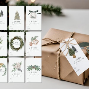 Kerstcadeaukaartjes afdrukbare direct downloaden | Aquarel Feestdag Cadeaukaartje Vrolijk kerstfeest Witte lichten Dennenbomen Krans Koekjes Minimalistisch