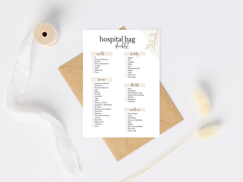 May include: A printable checklist for a hospital bag, with sections for essentials, for mom, for baby, more tips, and other necessities. The checklist is on a white background with a brown floral design.