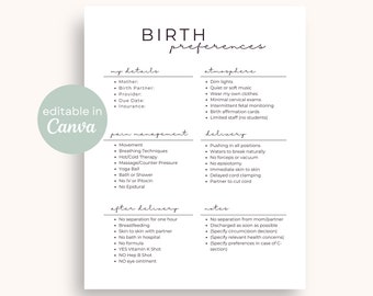 May include: A printable checklist for birth preferences. The checklist is divided into sections: my details, pain management, atmosphere, delivery, after delivery, and notes. Each section includes a list of options for the birthing person to choose from.