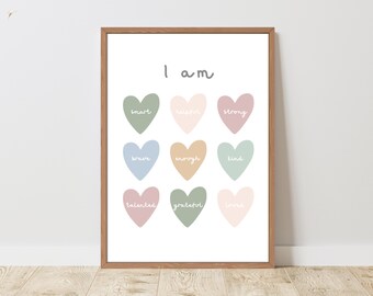 Wall Art Positive Affirmations Kids Heart | Printable Baby Playroom Wall Decor Boho Pastel Nursery Room Poster Inspirational I Am Kind