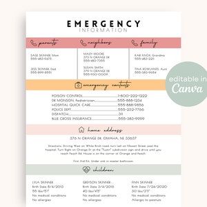 Emergency Information Sheet Editable Printable | Emergency Contact Info Template on Canva | Babysitting Notes Babysitter Log Nanny Fridge